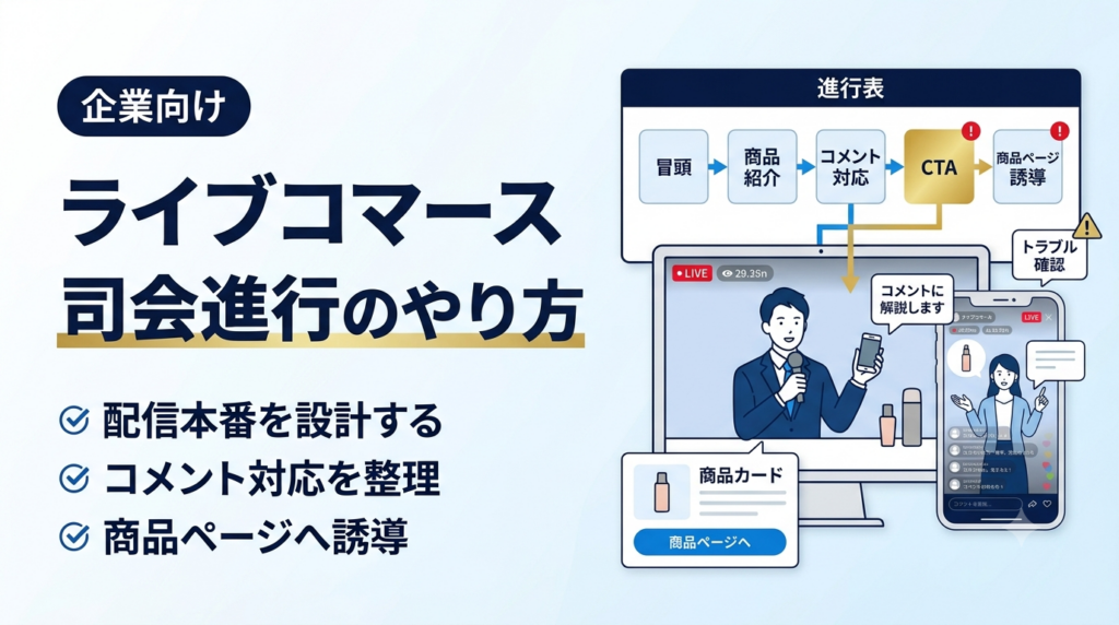 ライブコマースの司会進行のやり方 企業向け 配信本番をスムーズに進める進行設計を解説するサムネイル画像