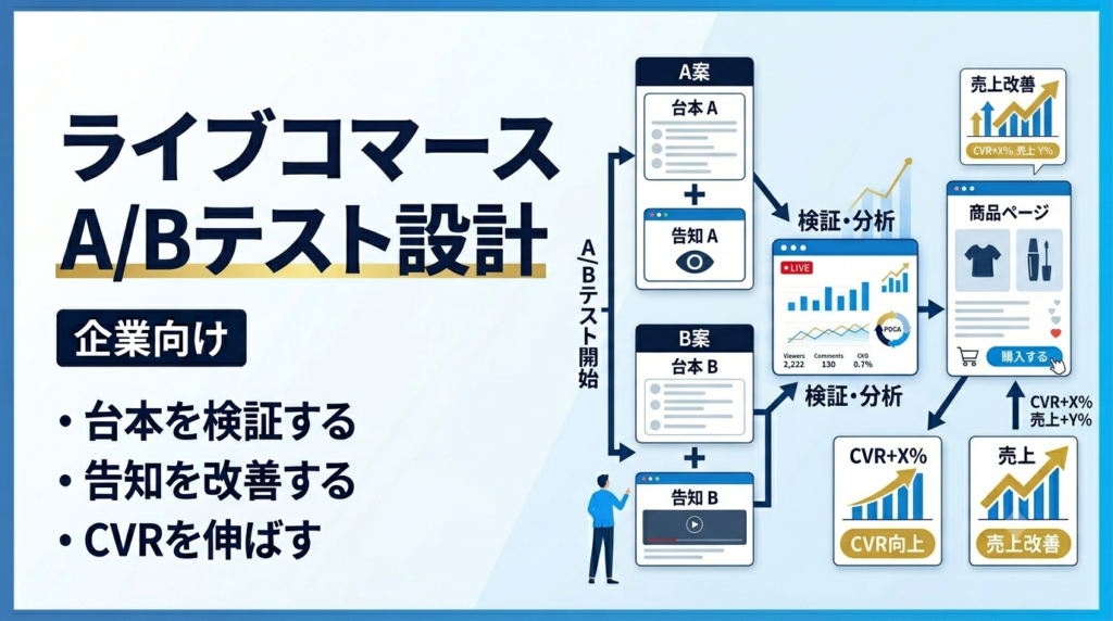 ライブコマースのA/Bテスト設計 企業向け 台本・告知・商品ページを改善する方法を解説するサムネイル画像