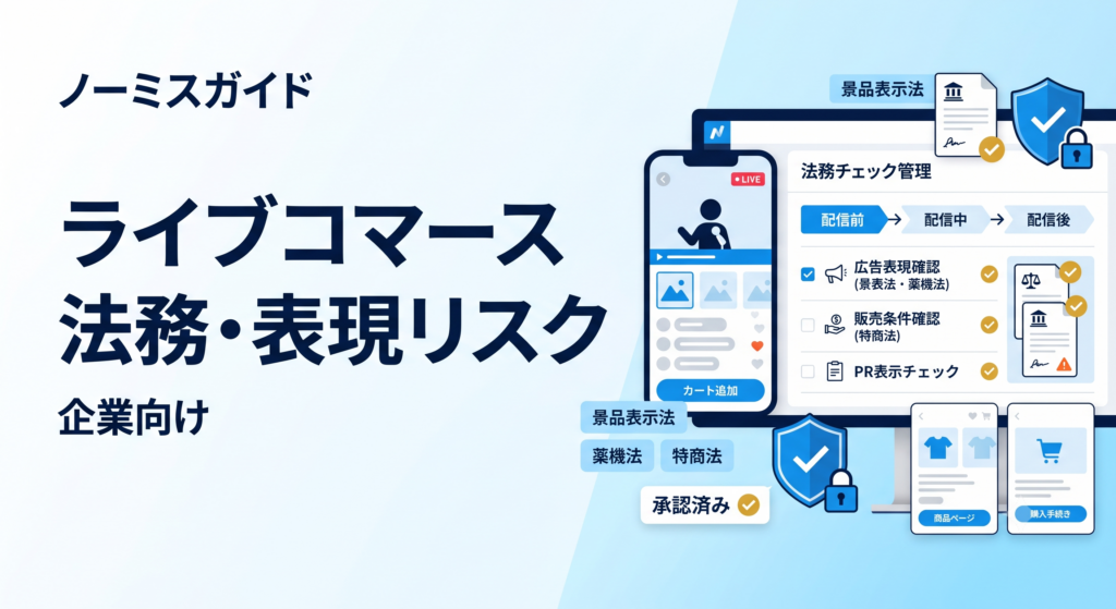 ライブコマースにおける景品表示法・薬機法・特商法などの法務・表現リスクを解説する企業向けアイキャッチ