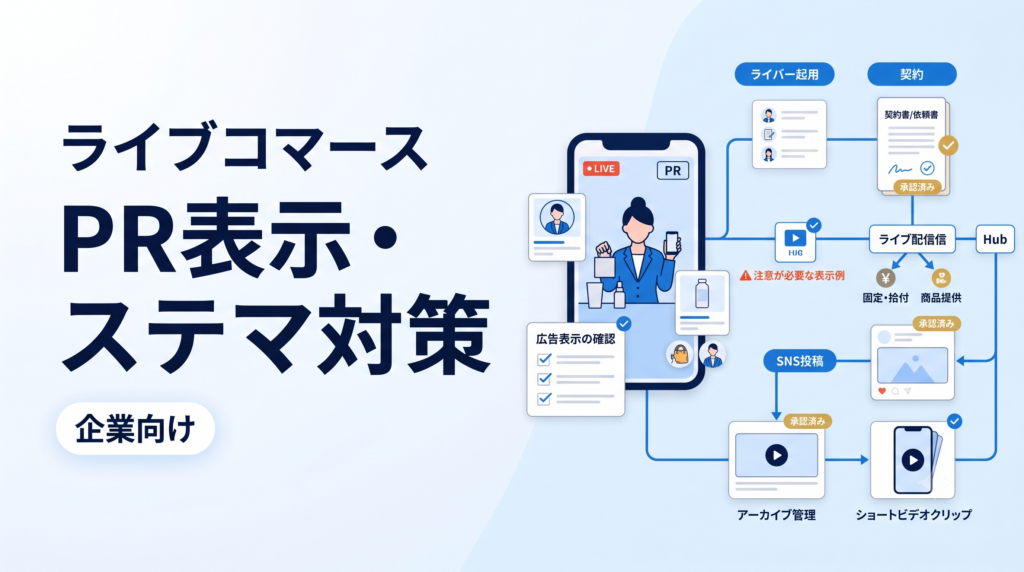 ライブコマースでライバーを起用する際のPR表示とステルスマーケティング対策を解説する企業向けアイキャッチ