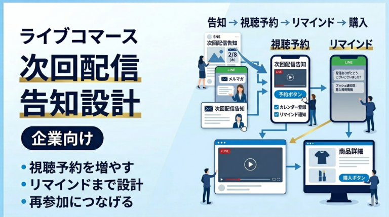 ライブコマースの次回配信告知設計 企業向け 視聴予約と再参加を増やし購入につなげる方法を解説するサムネイル画像